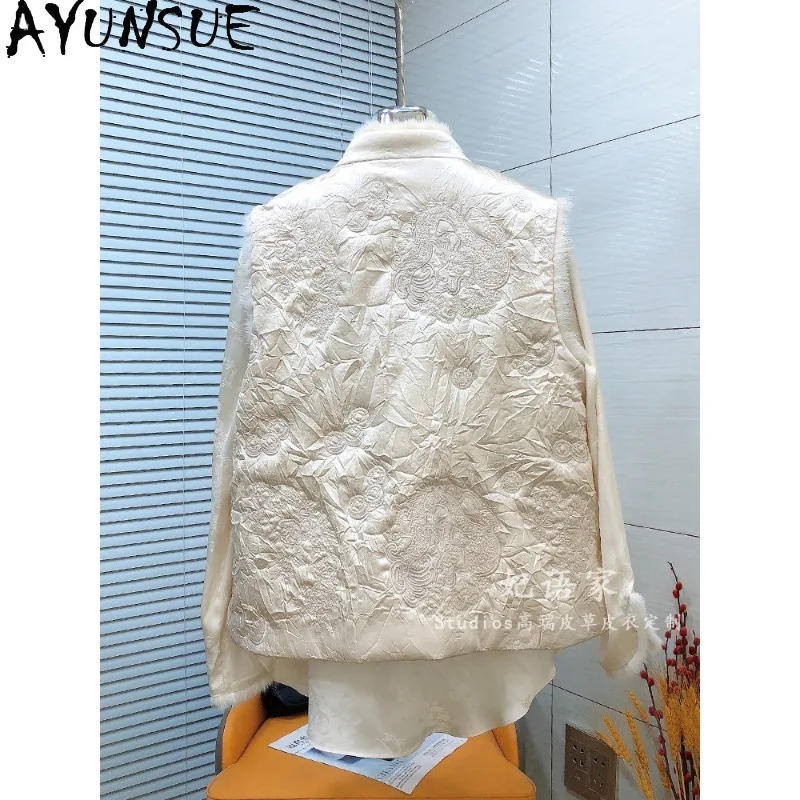 AYUNSUE Women's Autumn Mink Fur Vest Coat Pleated Embroidered Mink Fringed Collar Down Cotton Waistcoat Woman Clothes Ropa Mujer