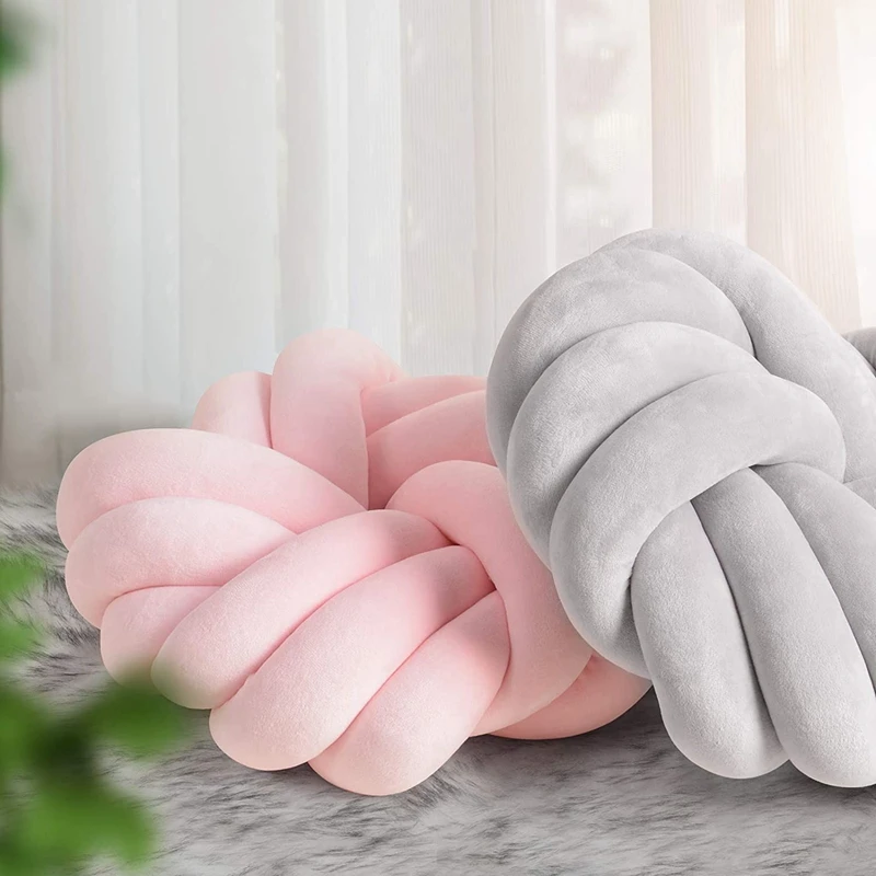 Pink Grey Knotted Ball Throw Pillow Ultra Soft Hand-woven round Lamb Plush Decorative Sofa & Kids Bedroom Decor Gift