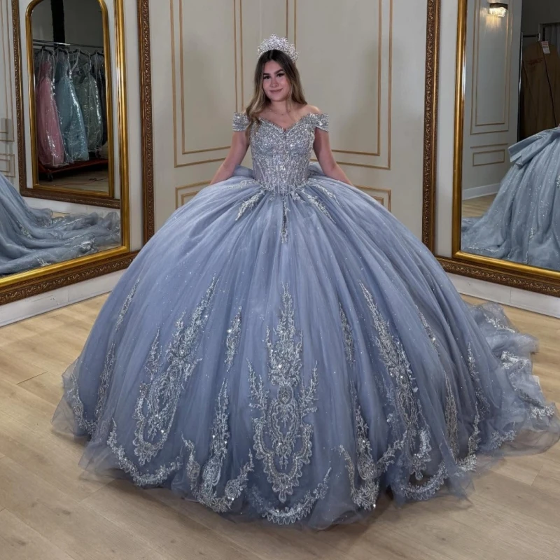 

Темно-синие блестящие платья Quinceanera с открытыми плечами, аппликация, кружево, бисер, хрустальный бант, тюлевое платье для вечеринки, дня рождения, сладкое платье 16, Vestid