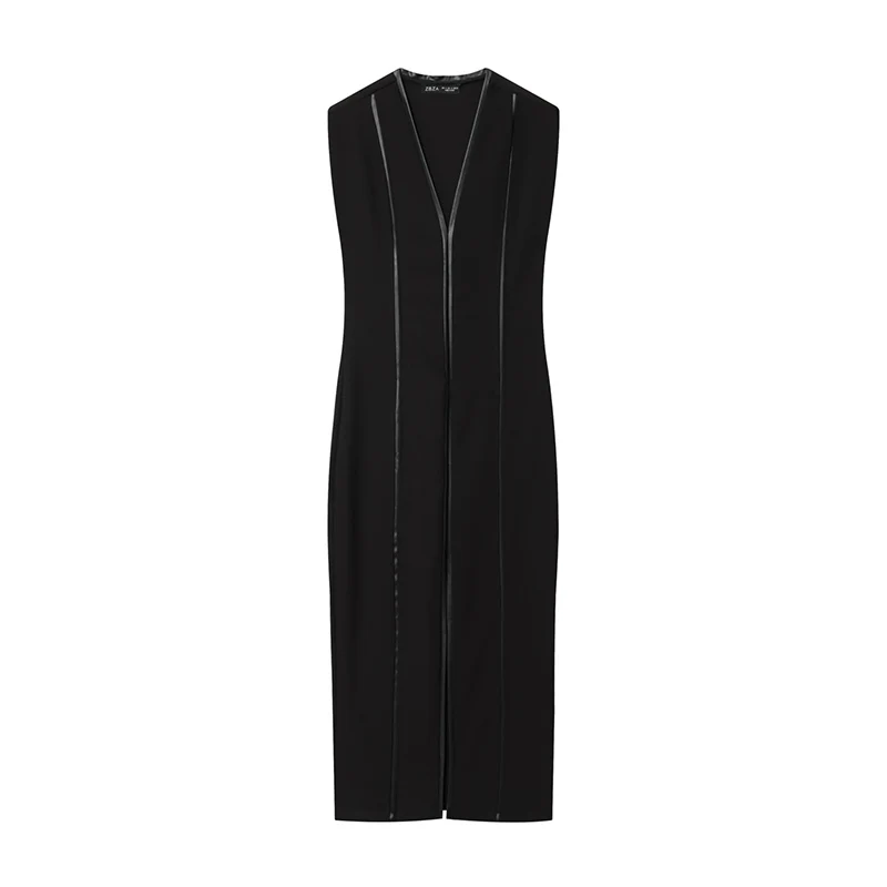 Vestido empalmado de cuero de moda, vestidos largos ajustados para mujer, vestido Midi con cuello de pico 2025, vestidos informales sin mangas para mujer