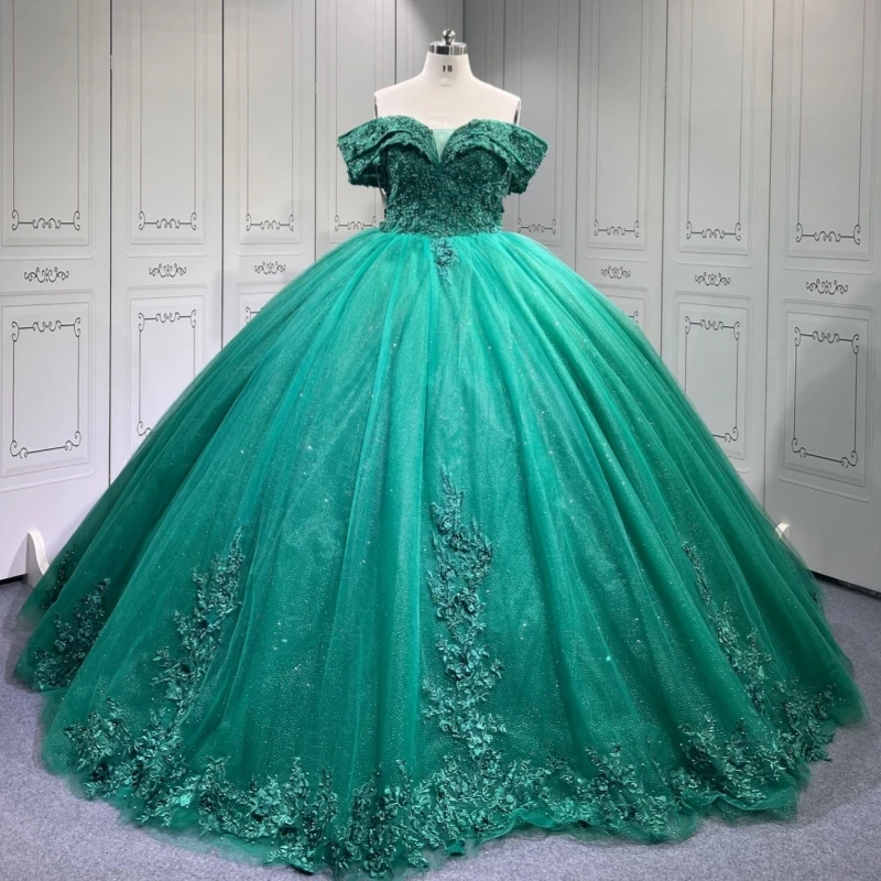 

Blackish Green Shiny Quinceanera Dresses Ball Gown Off The Shoulder Applique Flower Beading Tull Corset Party Birthday Sweet 16