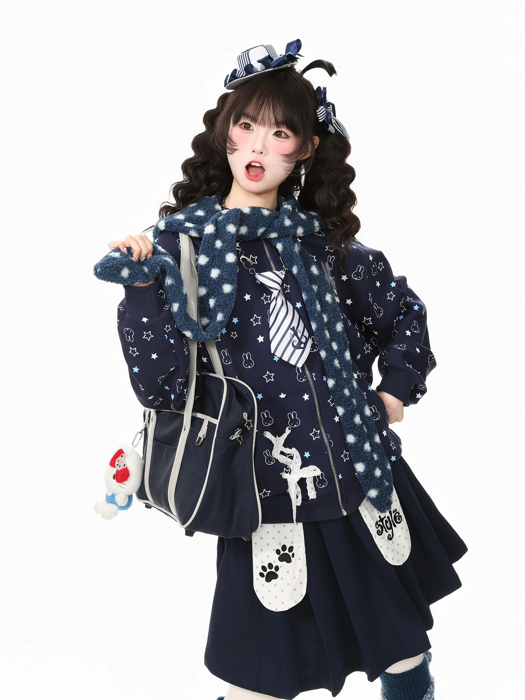 Languid Park Blue Ghost Rabbit Ear Hooded Jacket Women's Autumn Casual Style Cotton Blend Long Sleeve Sweet Top