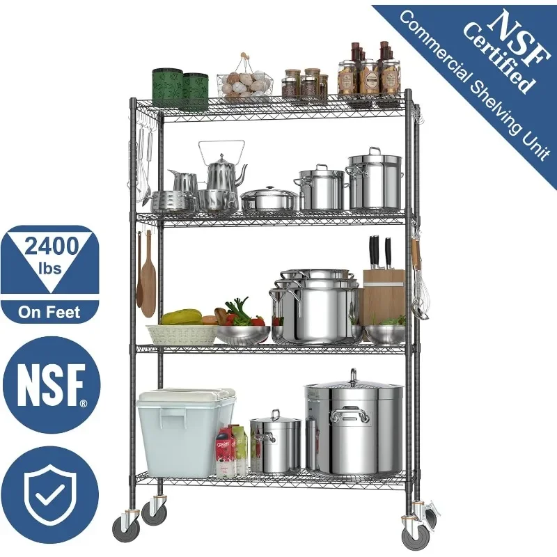 Scaffalature metalliche con ruote, ripiani portaoggetti regolabili a 4 livelli certificati NSF 48 "x 24" x 72 ", scaffalature per impieghi gravosi da 2400 libbre Commerc