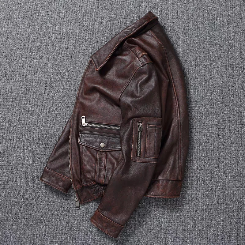 New Men\'s Genuine Leather Jacket Vintage Stone Milled Top Layer Cowhide Bomber Jacket A2 Brown Men\'s Calfskin Motorcycle Jacket