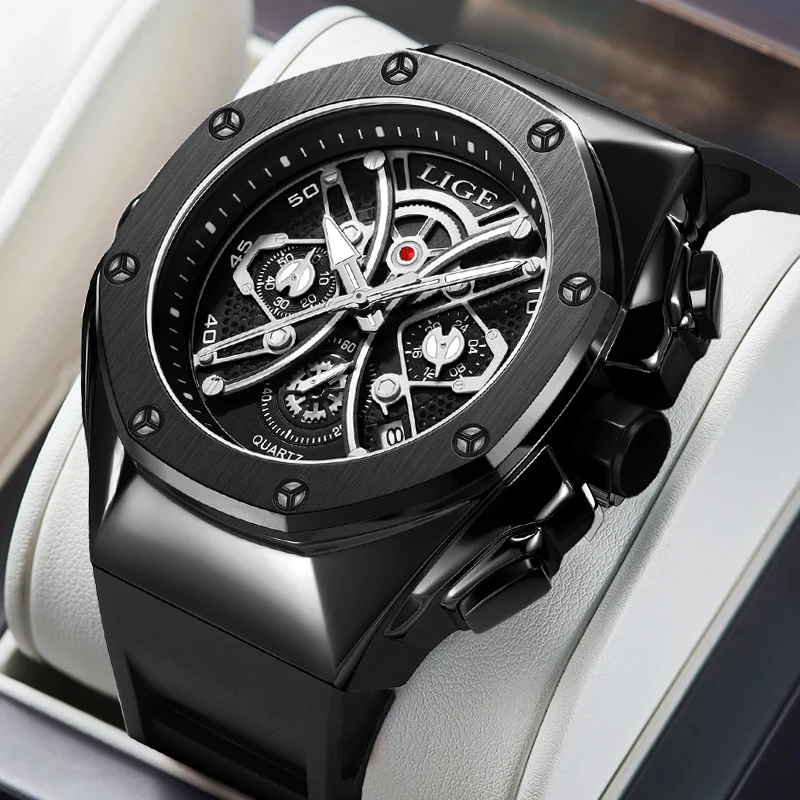 LIGE New Fashion Mens Watches Top Brand Luxury Military Quartz Watch Men Business Silicone Waterproof Sport Chronograph Watch