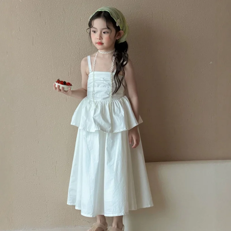 Girls' New Summer High-End Korean-Style White Strap Cake Princess Dress