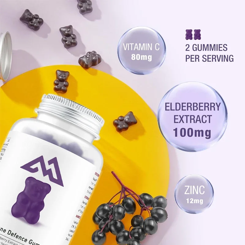 Gomitas de defensa inmunológica, contiene extracto de elderberry, vitamina C, zinc para promover la salud del sistema inmunológico, sabor a fruta, 60 cápsulas