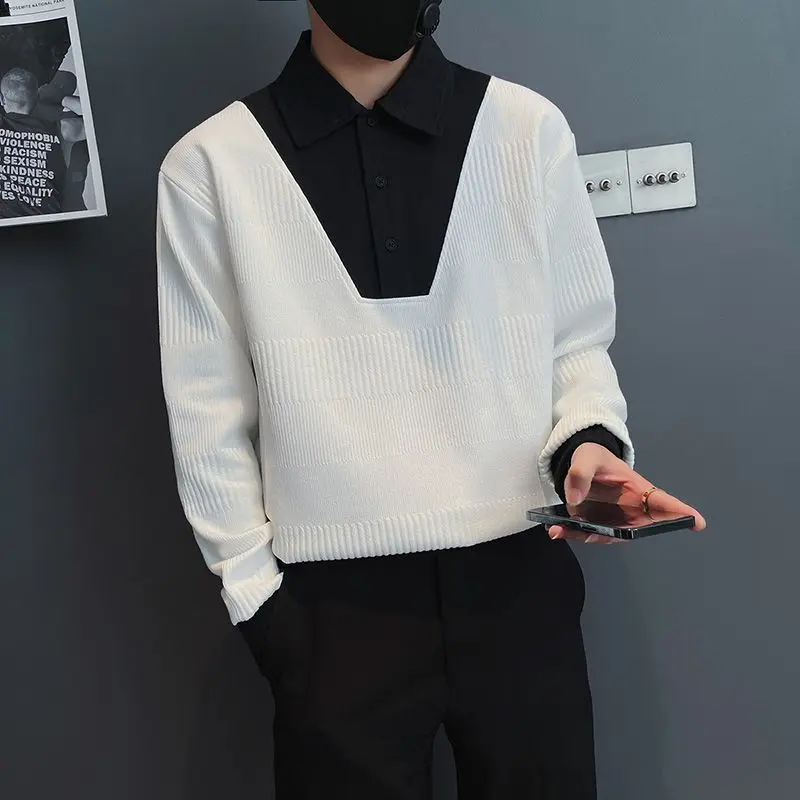 Black White Patchwork Hit Color Polo Fall Spring Long Sleeve Men T Shirts Fashion Fake Two Piece Oversized Vintage Knitted Tops