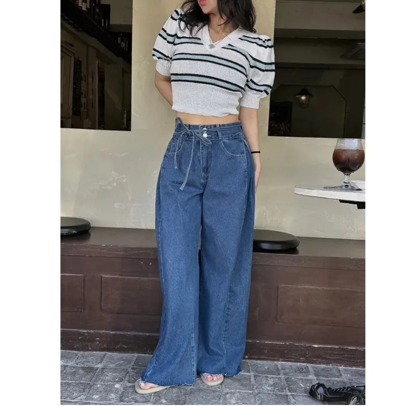 Fashionable Youthful Washed Loose Straight Leg Jeans Belted Pleated Lines Casual High Waist Wide Leg Blue Cotton Denim