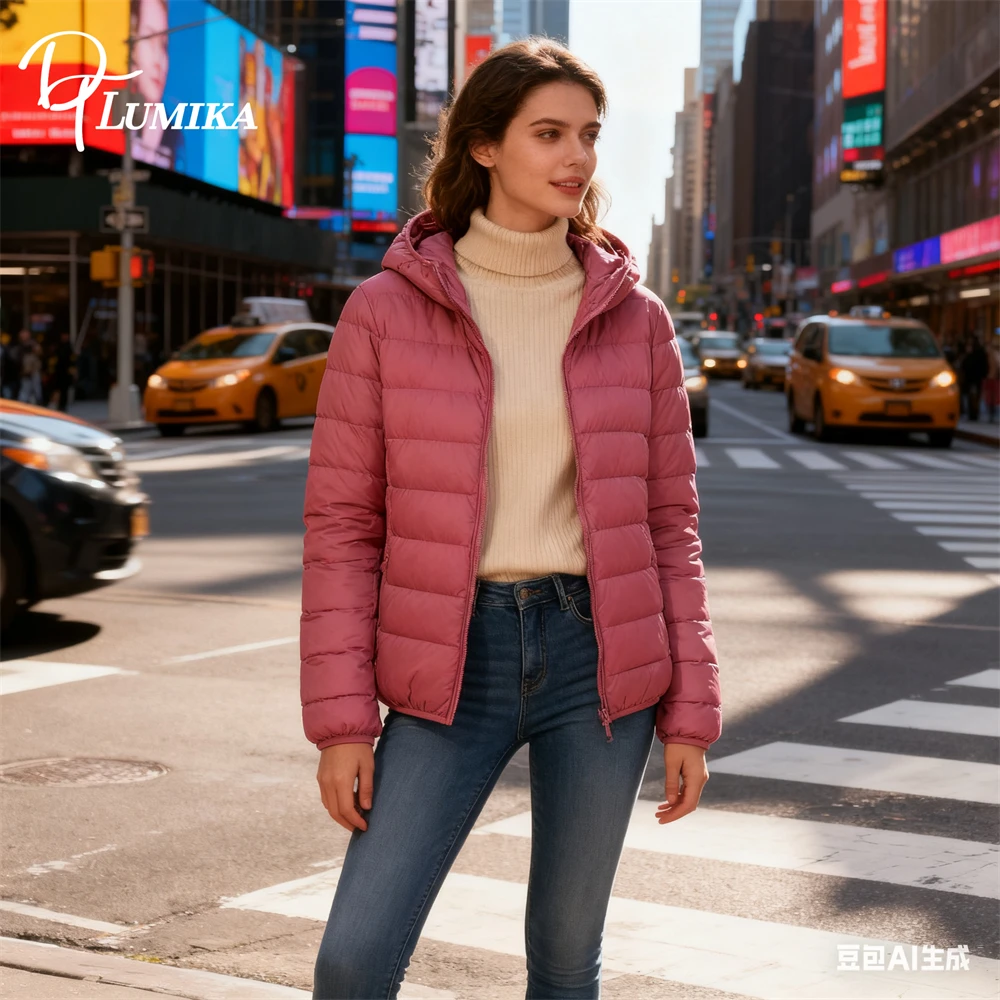 DTLumika S-8XL Daunenjacke für Damen 2025, leichte kurze Kapuzenjacke, extra große Daunenjacke, trendiges Outfit