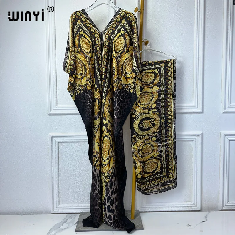 WINYI abaya dubaj luksusowy afrykański nadruk boho dekolt w serek z długim rękawem sukienka Kaftan, elegancka sukienka maxi, odzież damska