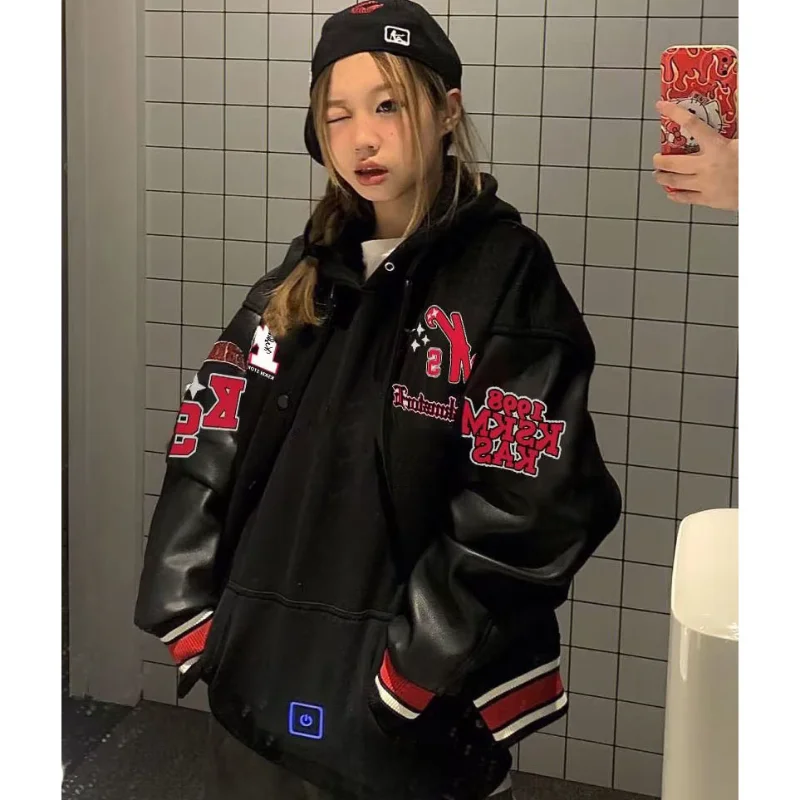Bomber Jacket Men Women Flocking Hip Hop Loose Casual Patchwork Coat Unisex Embroidery High Street Varsity Baseball Outwear 2023 view 5