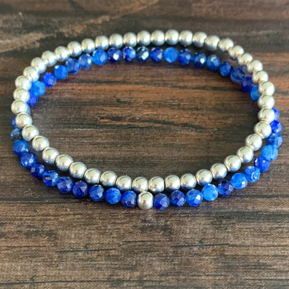 MG1420 Faceted Blue Kyanite Mini Mala Gemstone Bracelet 4mm Crystal Heart Chakra Balance Bracelet Hematite Energy Jewelry Set