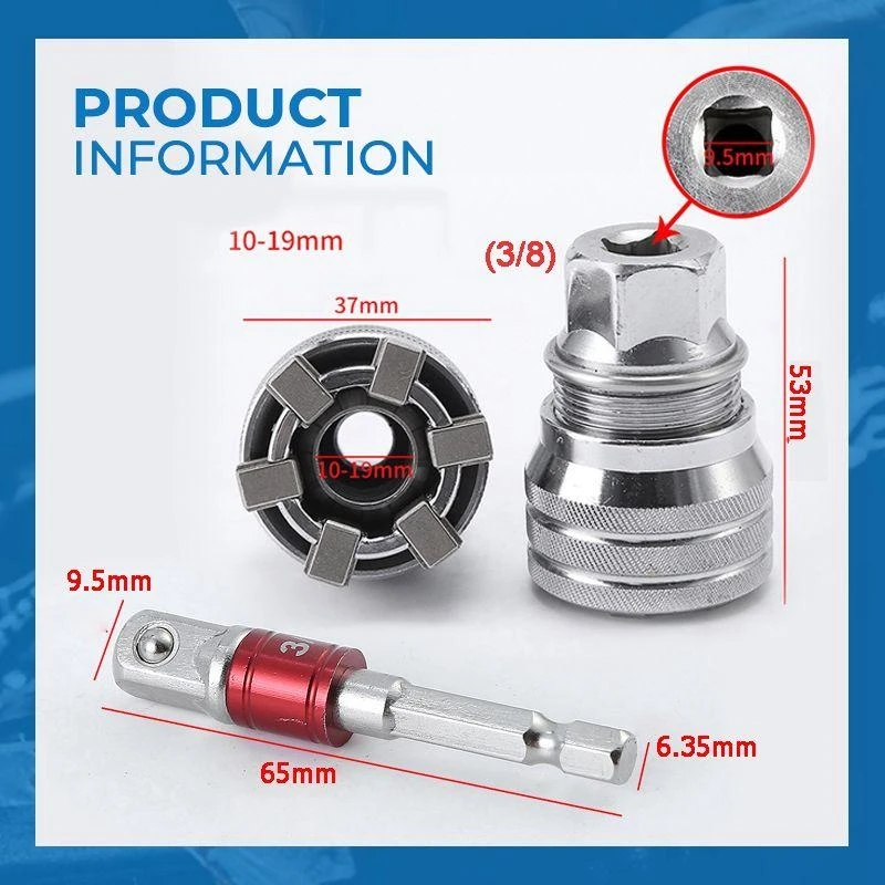 2Pcs Universal Socket Magic Wrench 3/8In Drive 10-19 Mm Adjustable Torque Ratchet Socket Adapter Hex Sleeve Converter