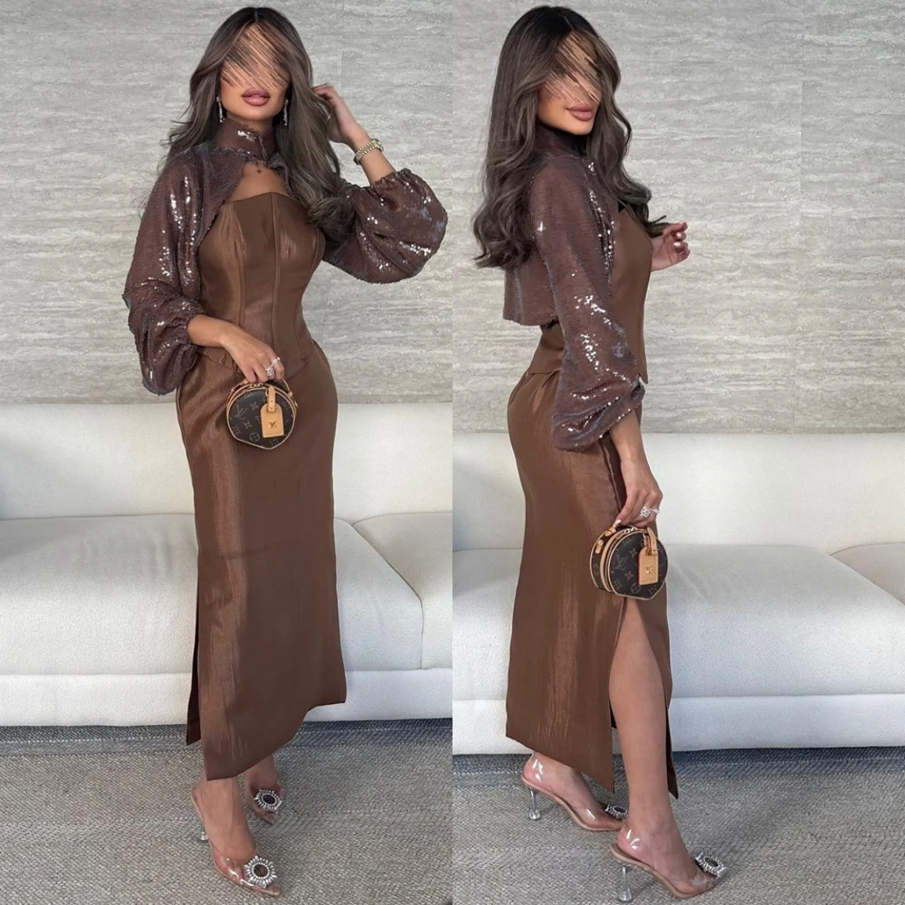 

Customized Modern Satin Evening Dress Exquisite Long Sleeves Prom Dresses Temperament High Collar Special Occasion Gowns