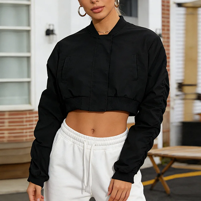 

Весенняя ультракороткая куртка: модный однотонный повседневный универсальный кардиган на молнии с длинными рукавами для женщин