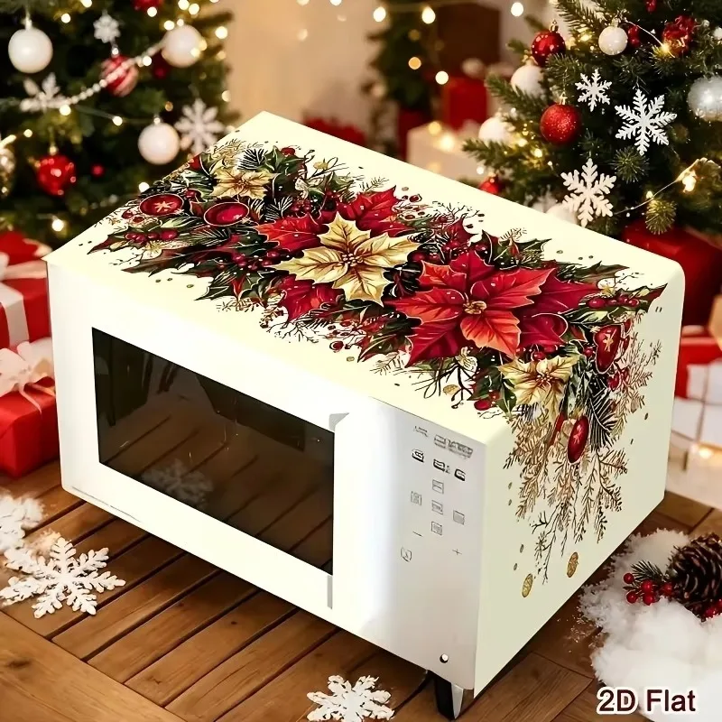 Christmas Poinsettia Microwave Oven Cover Dustproof Protector Cloth Xmas Kitchen Countertop Decor Household Ornament