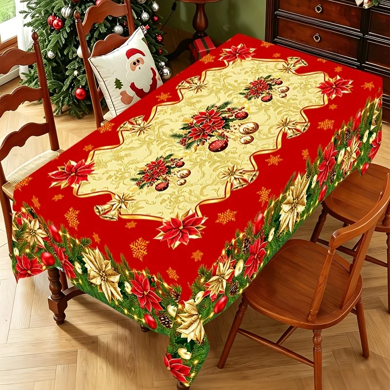 1pc  Christmas Poinsettia Tablecloth 1 Pack Polyester Winter Holiday Dining Table Cover for Christmas Party Home Kitchen Decor