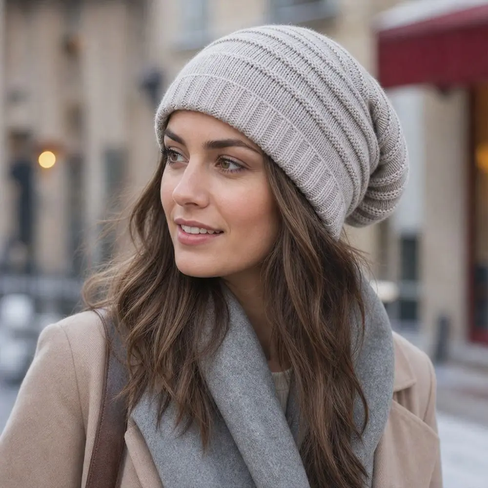 Gifts Solid Color Slouchy Beanie Stripe Knit Texture Lightweight Winter Head Wrap Unisex Beanie Cap