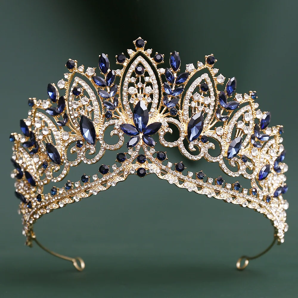 Coroas de Casamento Barrocas em Cristal Azul Escuro, Tiara de Noiva com Strass, Diadema para Concurso, Acessórios de Cabelo para Casamento Miss Universo