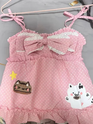 Kimotimo-Camisola con estampado De gato para Mujer, camisola De lunares, camiseta sin mangas con volantes y lazo japonés Y2k, Ropa Kawaii De verano para Mujer