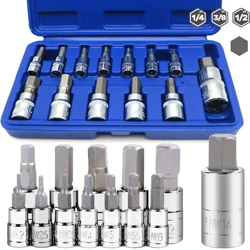 13PCS Metric H2-H14 Vanadium Steel Hexagon Socket Bit Kit, 1/4\