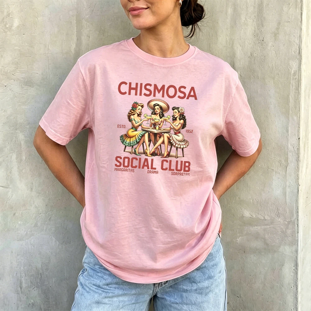Chismosa Social Club Vintage Pinup Ladies Margarita Women Summer Cotton T Shirt Spanish Retro Cartoon Casual Tee