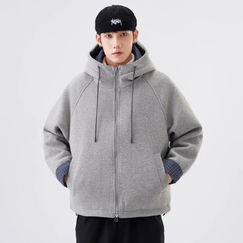 الرجال الشارع الشهير خمر فضفاض السببية الدافئة الصوف مقنعين سترات Cityboy ملابس خارجية الشتاء القطن مبطن مبطن معطف رشاقته #2