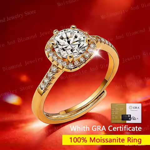 Adjustable Size D VVS1 1ct Round Moissanite Ring 18K White Gold Plated s925 Sterling Silver with GRA Diamond Wedding Rings