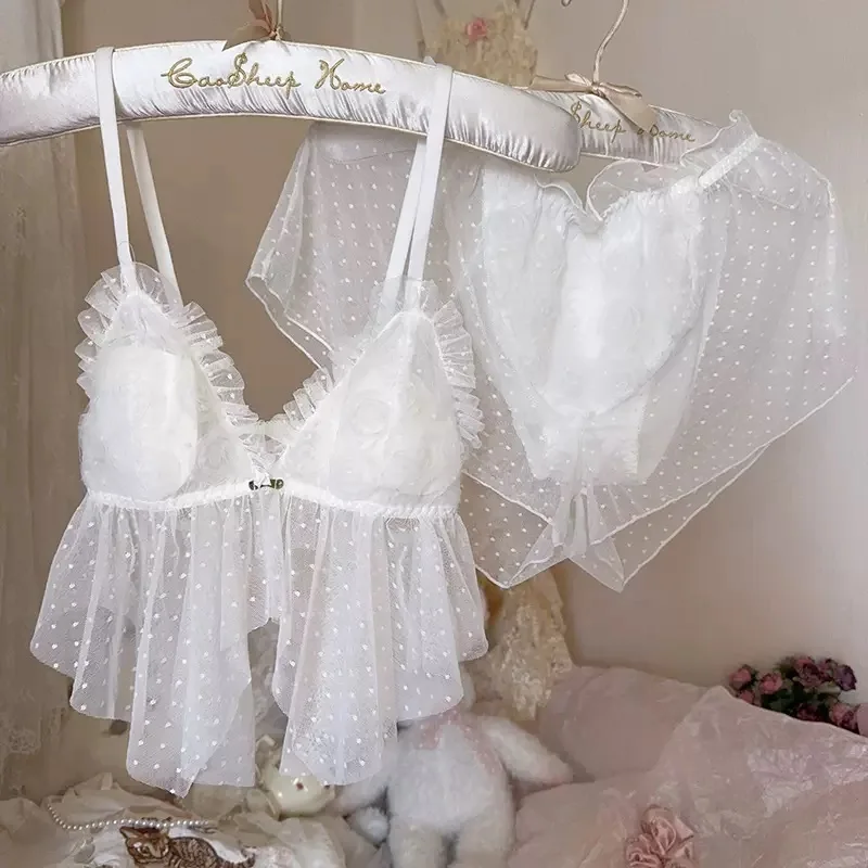 Three-dimensional rose flowers lingerie sexy lace mesh pajamas home wear suit suspenders with bra pads women underwear