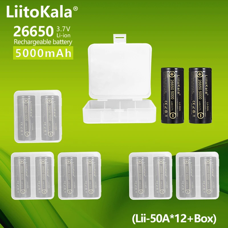 

12PCS LiitoKala lii-50A 26650 5000mah lithium battery 3.7V 5000mAh 26650 rechargeable battery 26650-50A suitable for flashligh