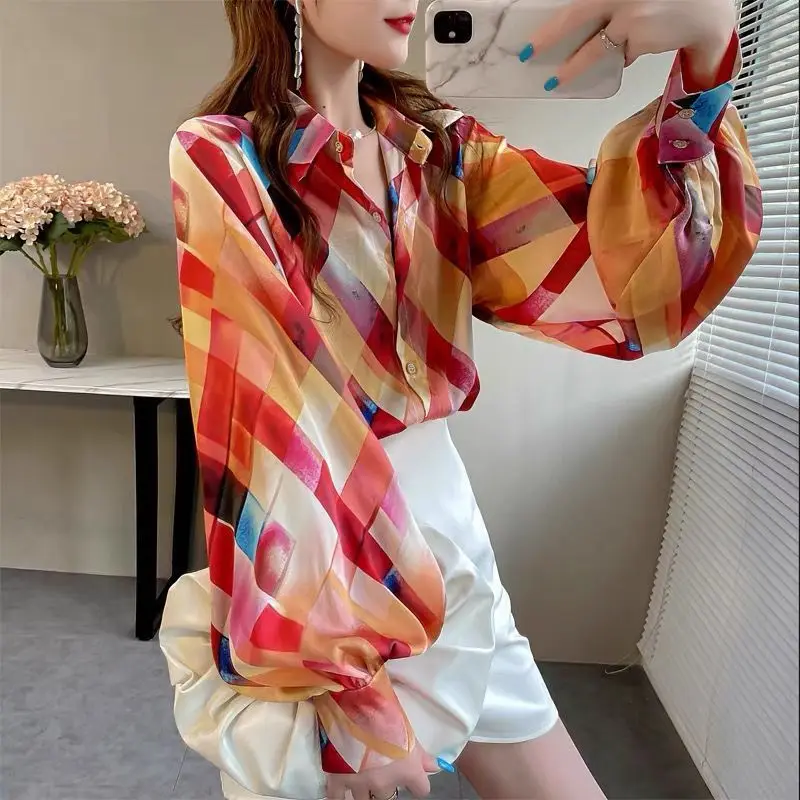 Women\'s Summer New Blouses Fashion Chic Printed Plaid Polo Collar Loose Original Design Lantern Sleeves Single-breasted Shirts