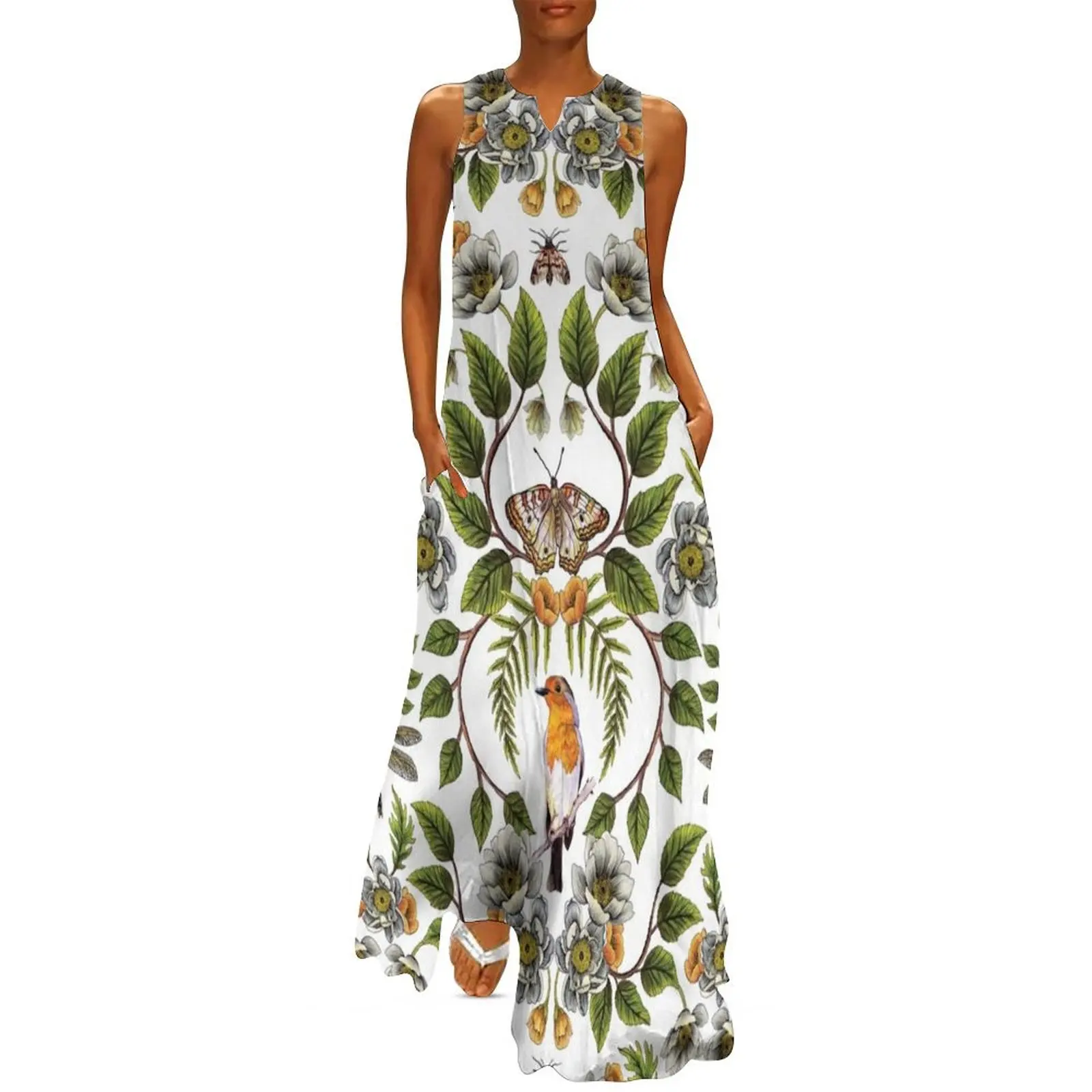 Spring Reflection - Floral/Botanical Pattern w/ Birds, Moths, Dragonflies & Flowers Long Dress Dress woman