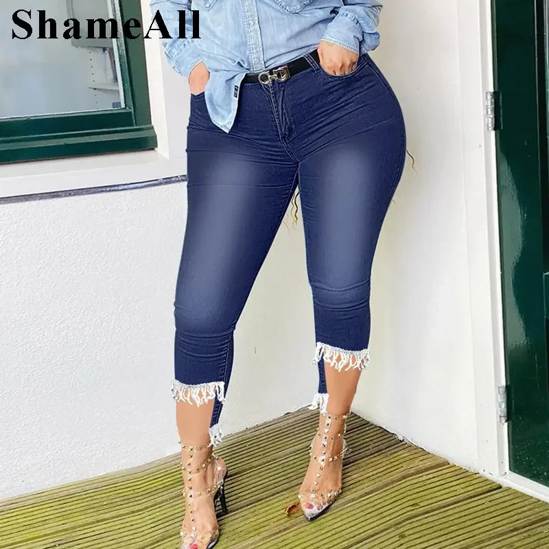 Plus Size Tassel Patchwork Vintage Stretchy Skinny Knee Length Distressed Mom Jeans Breeches Denim Jeggings Pant Leggings Capris