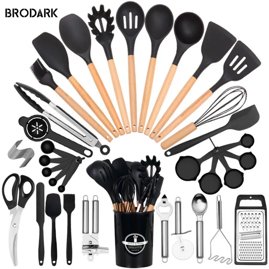 

44pcs Premium Silicone Kitchen Utensil Set With Wooden Handles And Knife - Heat-Resistant, Non-Stick Friendly Cooking To