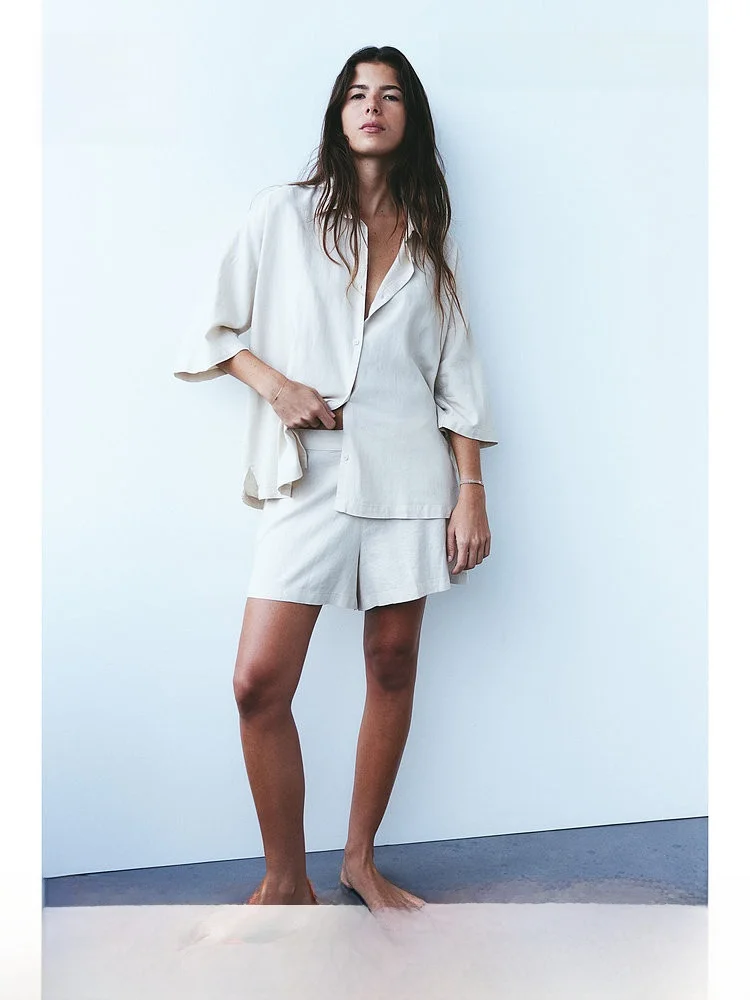 H&M Summer Ladies Home Clothes Sleepwear Set Loose Short Sleeve Open Split Sleepwear Comfortable Linen Viscose Blend Nightgown