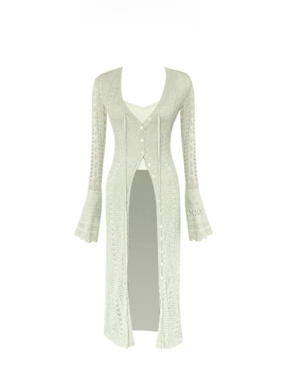 

Green V-neck Bell Sleeve Knitted Cardigan Women's Hollow Long Air Conditioning Shirt Love You Xu Ruhan Button up Knitwear