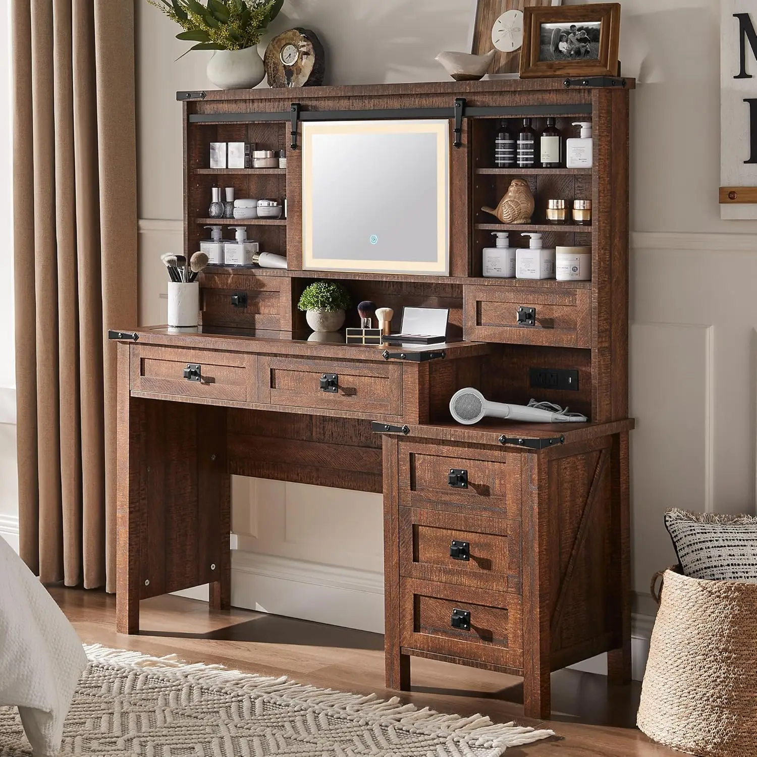 48'' Farmhouse Makeup Vanity Desk with Sliding HD Mirror and Lights, Big Modern Lighted Vanity Table with 7 Drawers & Shelves