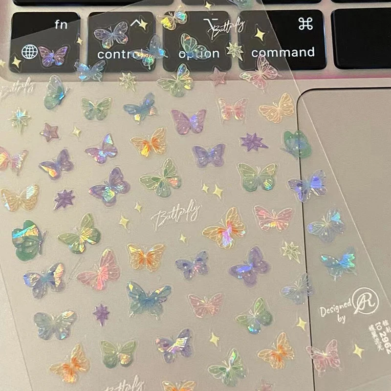 Borboleta colorida fada adesivos, asa Streamer, Laser adesivos, avançado em relevo Nail Art, moda