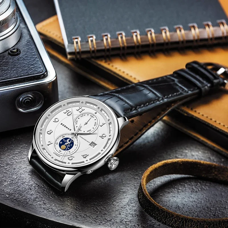 Marchio di lusso BORMAN Seagull Orologi meccanici automatici da uomo Zaffiro Multi-funzione impermeabile Fasi lunari Orologi maschili BM3869