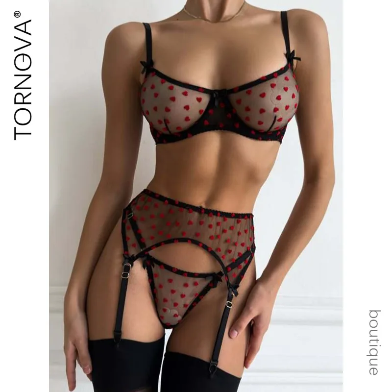 Tornova الملابس الداخلية المثيرة مع جوارب رقيقة نموذج الحب الطباعة شبكة شفافة المرقعة مثير سليم الرغبة النقية DelicateHot مجموعة #1