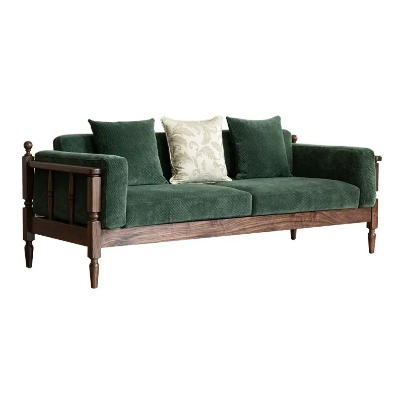 Nordic solid wood sofa North American black walnut living room small apartment three-person simple modern fabric retro green