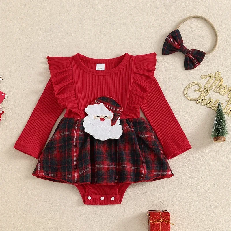 Baby Clothing Girls Christmas Romper Dress O Neck Santa Claus/Elk Embroidery Romper with Headband Sets