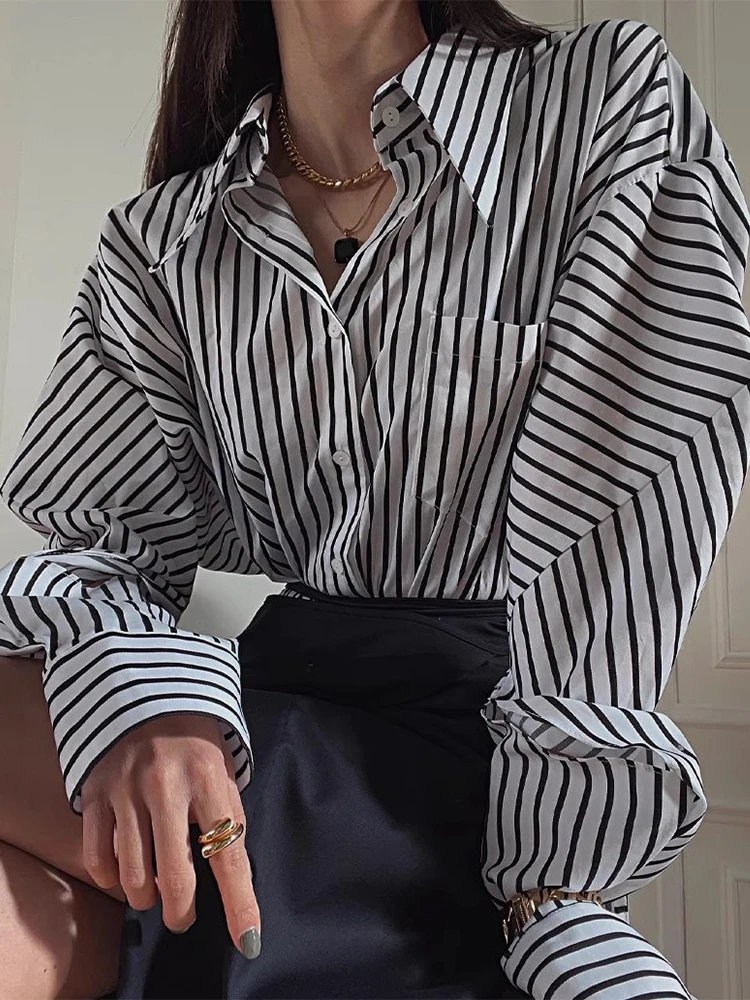 

SuperAen 2024 Korean Chic Spring New Style Lapel Collar Contrast Stripe Design Loose Casual Long Sleeved Shirt