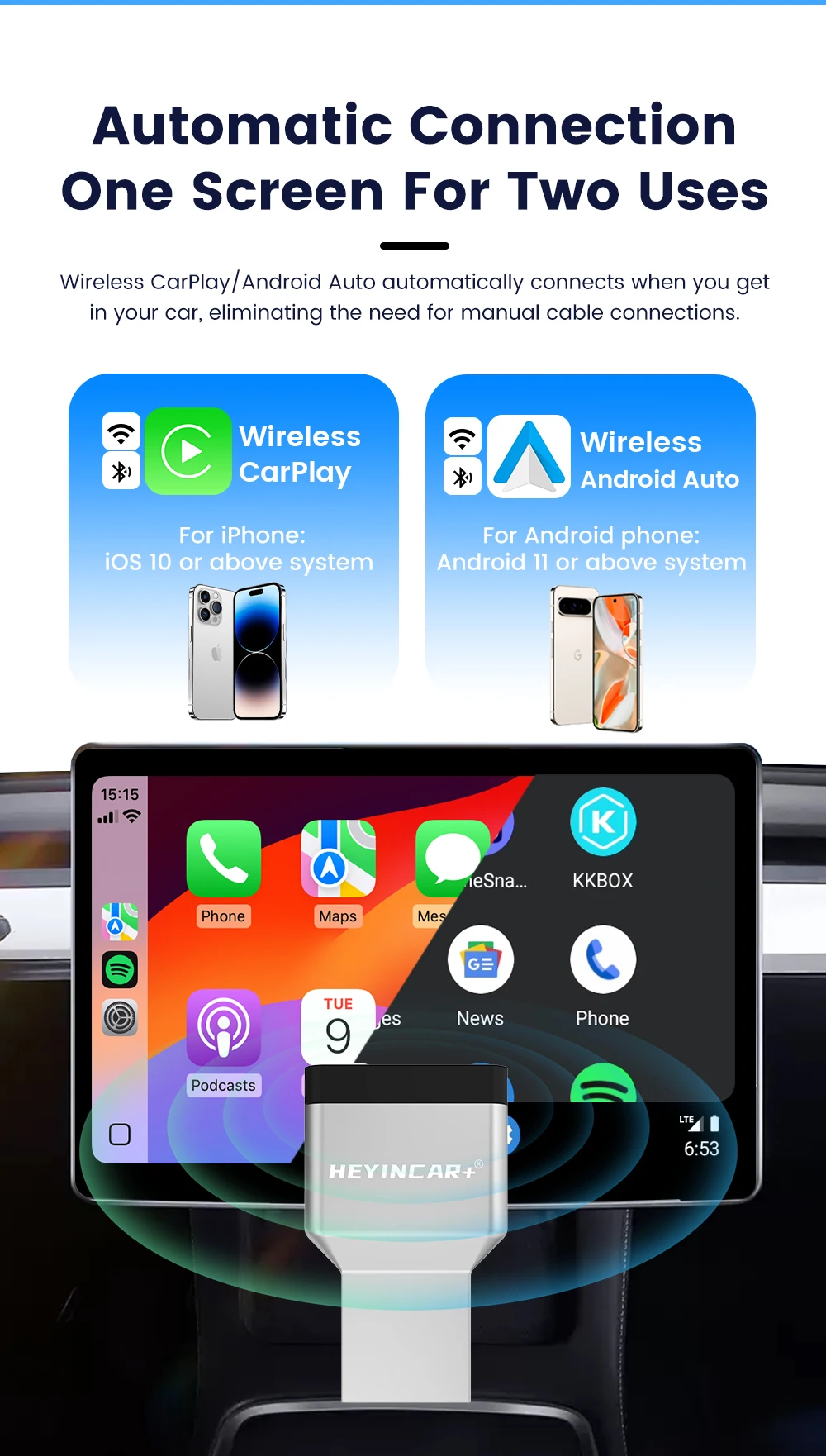 HEYINCAR Mini Air 2-in-1 Kabelloser CarPlay Android Auto Adapter 5,8GHz Plug-and-Play Dongle für Kabelgebundenes Carplay und Android Auto – Detail 8