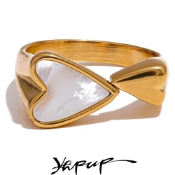 Yhpup Shell Acrylic Heart Stainless Steel Stylish Ring for Women Charms Metal Texture Waterproof Golden Jewelry Gala Gift