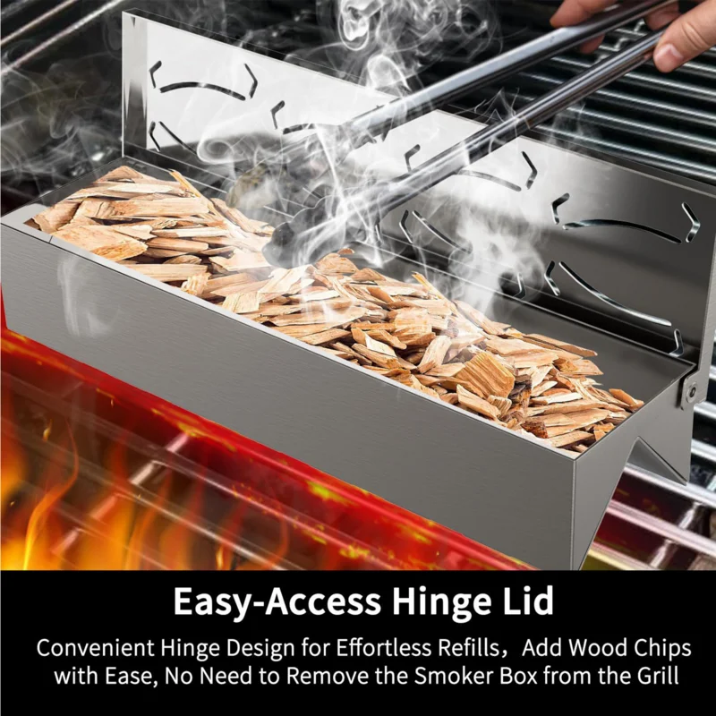 Caja ahumadora para parrilla, caja ahumadora para barbacoa al aire libre, accesorios para asar de acero inoxidable con tapa de bisagra práctica, ahumador de barbacoa de Gas