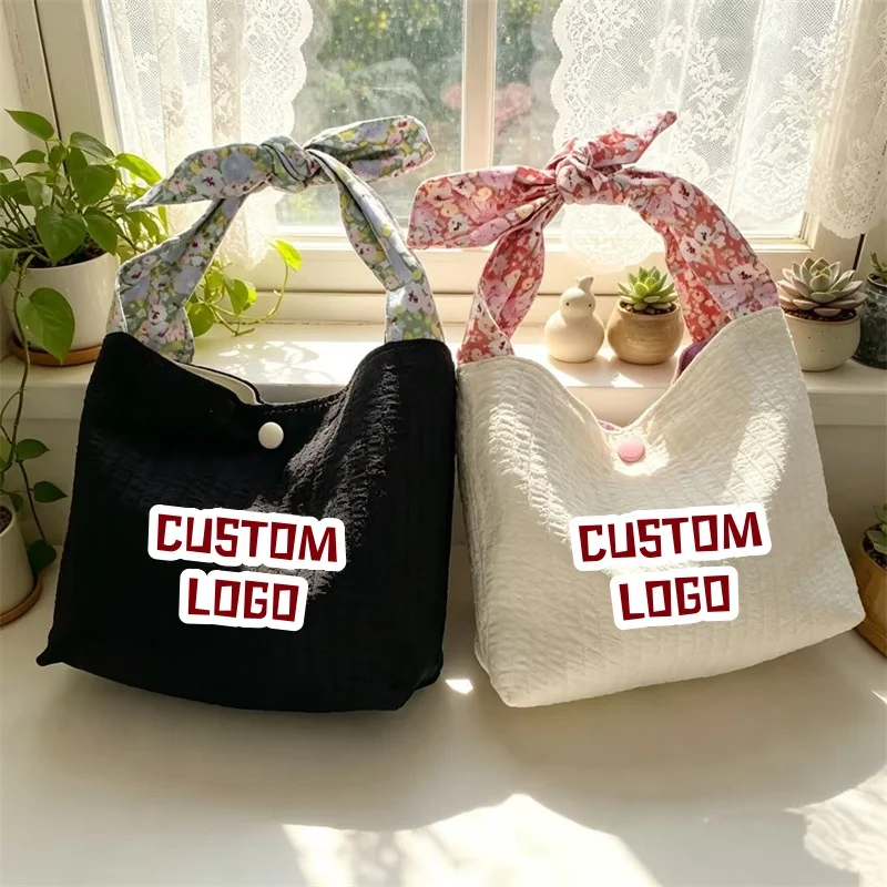 Floral Bow Knot Custom Logo Tote Bag Wrinkle Cotton Large Capacity Shoulder Bag Snap Closure Blank Shopping Bag for Customized