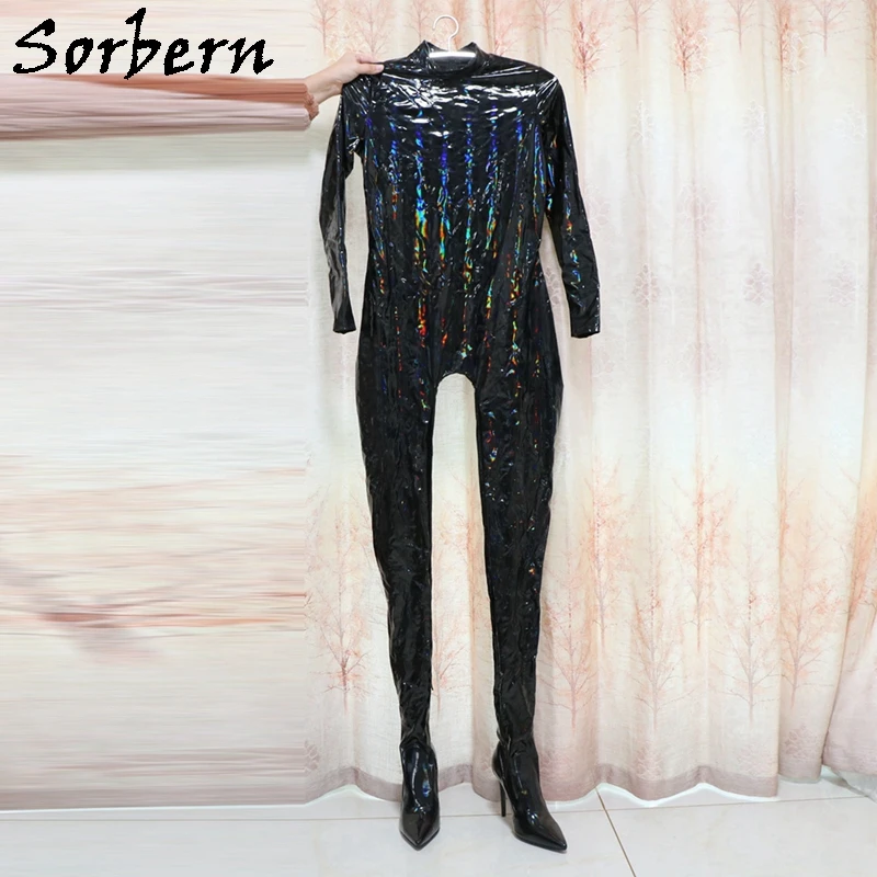 Sorbern Black Holo BodySuit Boots Unisex Crotch Thigh High Custom Size High Heels Womens High Neck Long Sleeve Sexy Back Zip