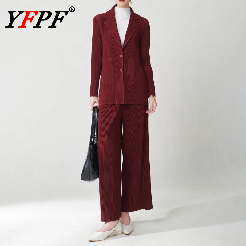 

YFPF однотонный модный комплект для женщин Miyake плиссированная куртка на пуговицах пальто + длинные брюки темперамент 2023 осенняя новая одежда